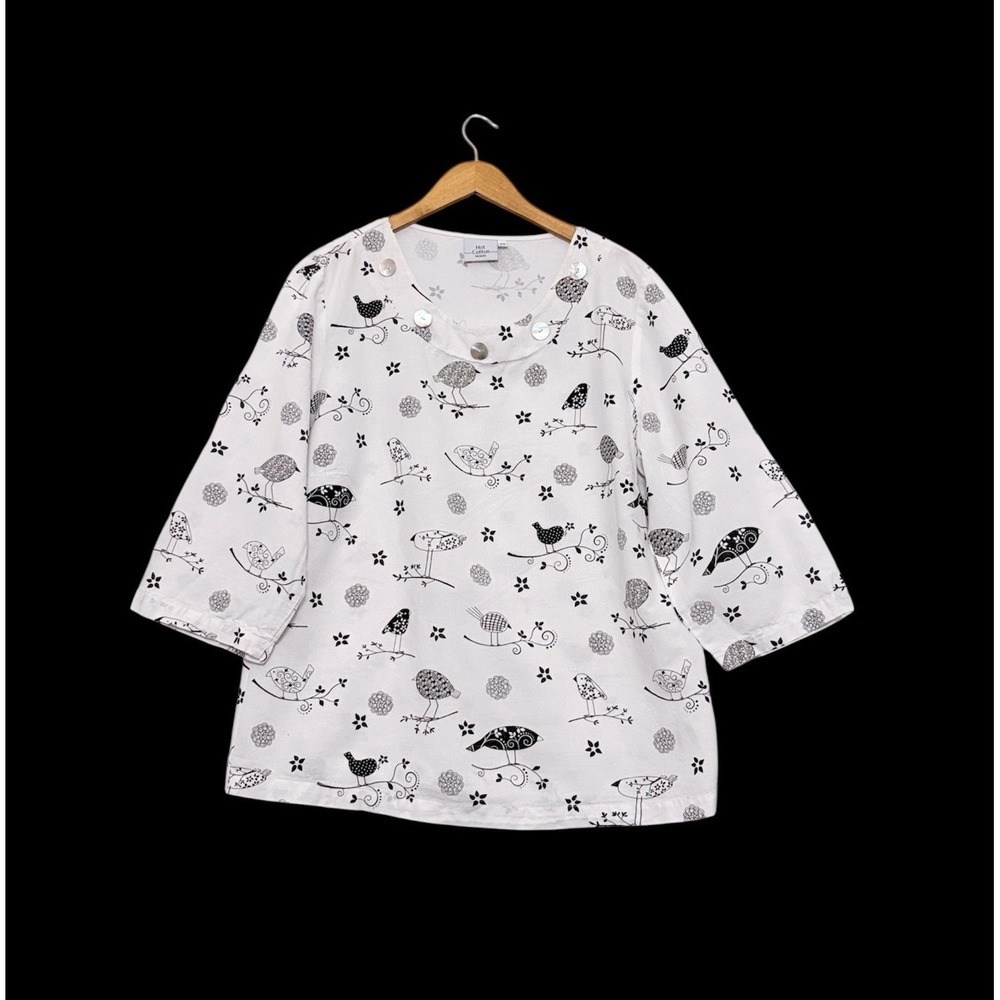 Hot Cotton Marc Ware Top Sz 3X White Bird Print Lagenlook Earthy Boho Eclectic